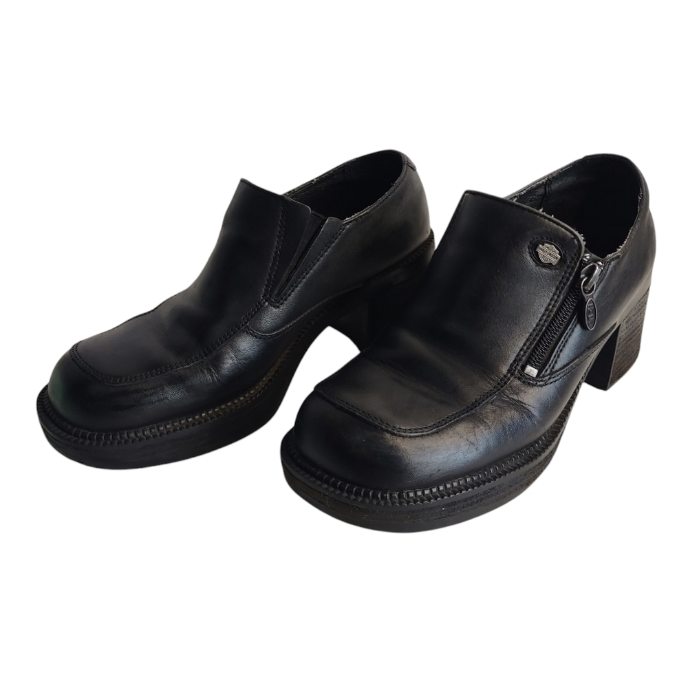 Vintage Harley-Davidson 90s Chunky Block Heel Black Leather Slip On Shoes Sz 7.5